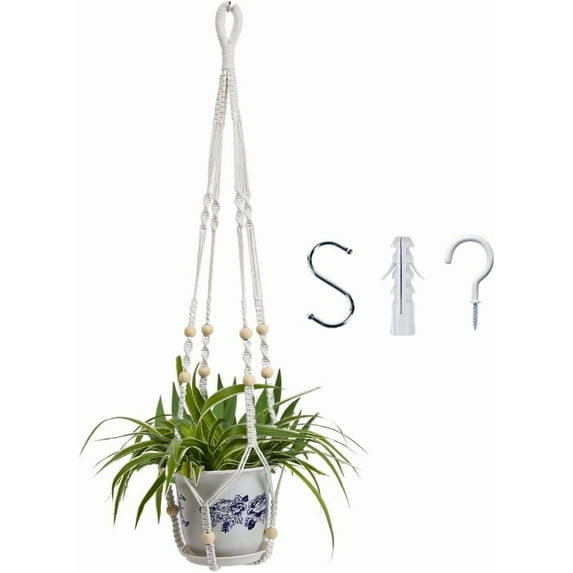Macrame Plant Hanger, Hanging Planters for Indoor Plants Holder with Wood Beads, Hanging Plant Holder for Indoor Outdoor, Gifts for Plant Lovers, Boho Home Decor Plant Hanger, Ivory
