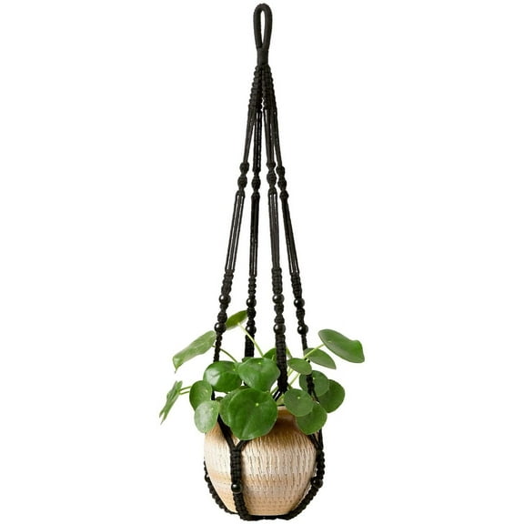 Macrame Plant Hanger Indoor Hanging Planter Basket with Wood Beads Decorative Flower Pot Holder No Tassels for Indoor Outdoor Boho Home Decor 35 Inch, Black, Set of 1 (POTS NOT Included)