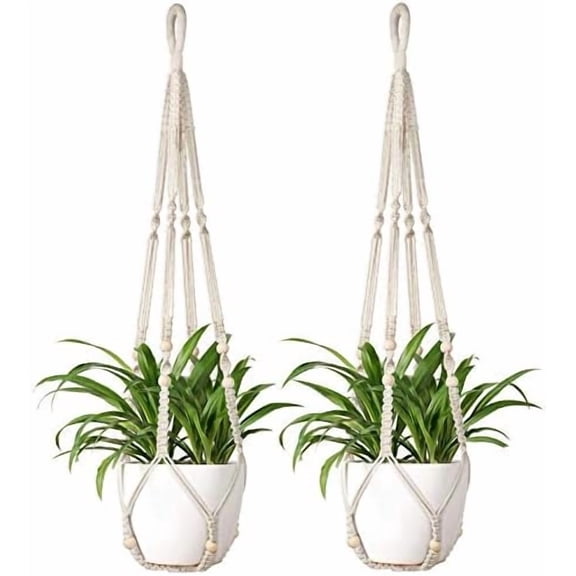 Macrame Plant Hanger Indoor Hanging Planter Basket with Wood Beads Decorative Flower Pot Holder No Tassels for Indoor Outdoor Boho Home Decor 35 Inch, Ivory, Set of 2 (POTS NOT Included)
