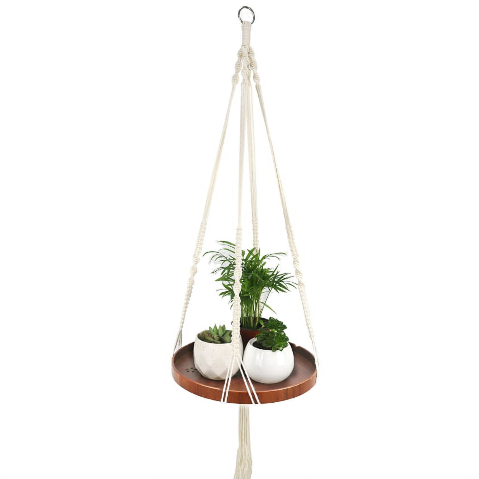 Macrame Plant Hanger Indoor Hanging Planter Shelf Rack Decorative Flower Pot Holder Cotton Rope with Wood Plate Boho Home Decor