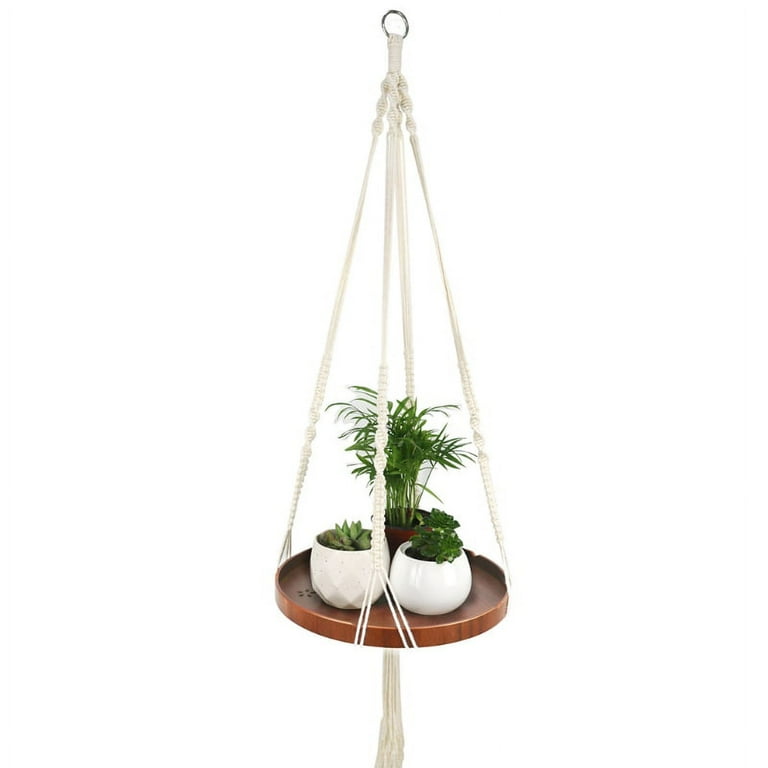 Macrame Plant Hanger Indoor Hanging Planter Shelf Rack Decorative Flower Pot Holder Cotton Rope with Wood Plate Boho Home Decor