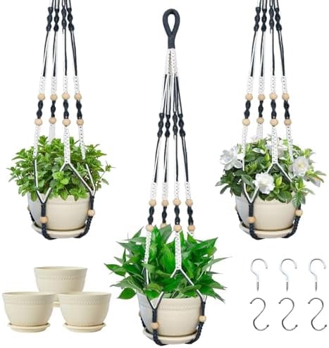 Macrame Plant Hanger with Pot, 3 Set Hanging Planters for Indoor Plants ...