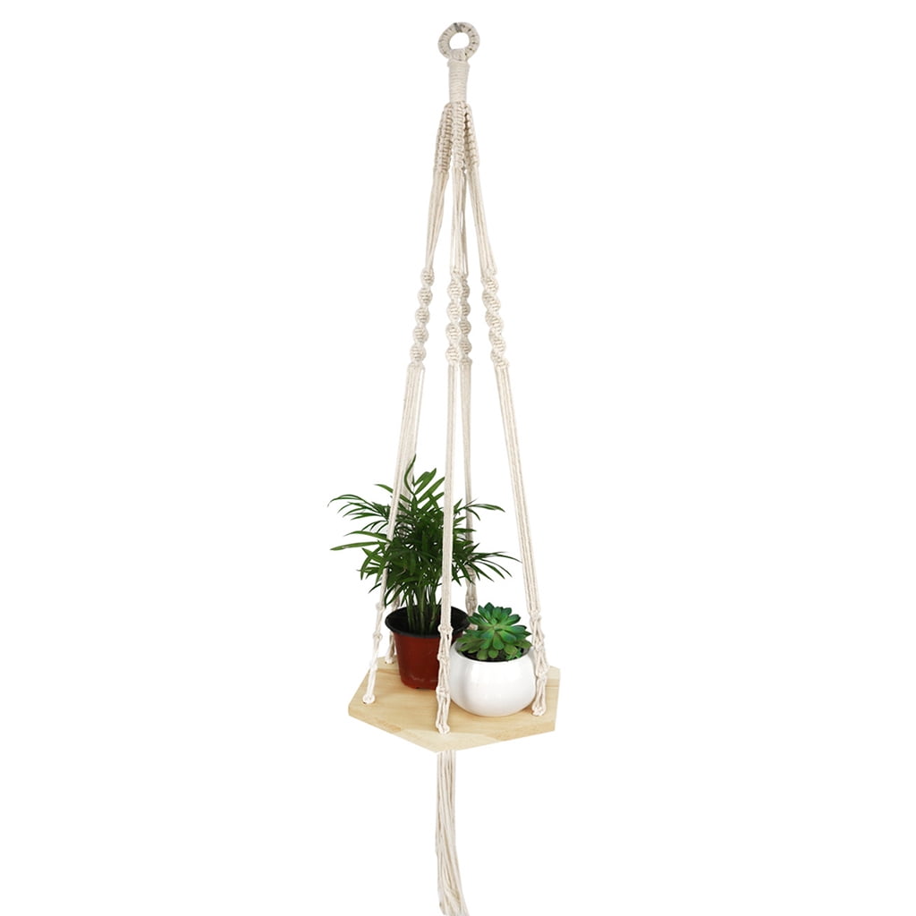 Macrame Plant Hangers with Plate Tray Tassels Wooden Beads Hanging Planter Shelf Boho Flower Pot Holder Stand Rack Decor