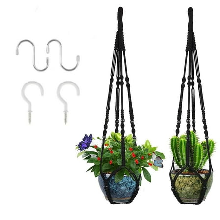 Macrame Plant Holder 2 Pack Indoor Outdoor Hanging Planter Hanger 35 Inch Ceiling Plant Hanger Boho Handmade Plant Cotton Rope with 4 Hooks for Home Balcony Decor,Fit Max 12 in Flower Pot Black