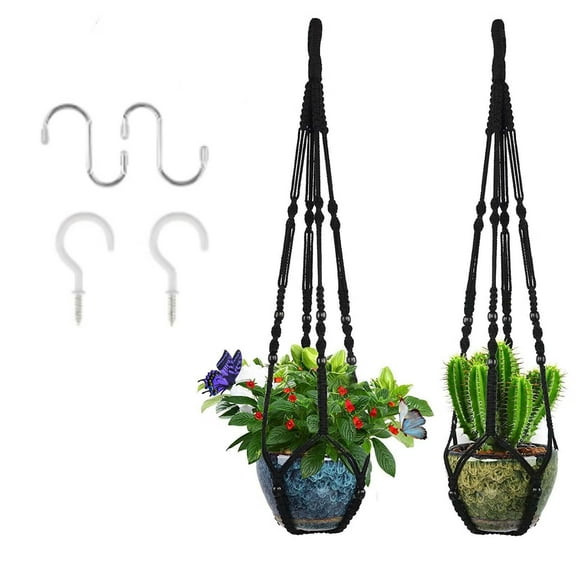 Macrame Plant Holder 2 Pack Indoor Outdoor Hanging Planter Hanger 35 Inch Ceiling Plant Hanger Boho Handmade Plant Cotton Rope with 4 Hooks for Home Balcony Decor,Fit Max 12 in Flower Pot Black