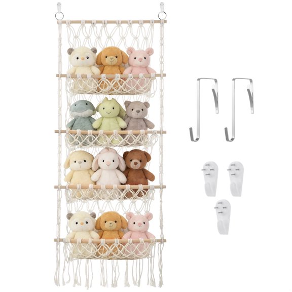 Macrame Plush Toy Holder, Stuffed Animal Wall Organizer Net, Bohemian Style Cotton Rope Hanging Shelf, 4-Tier Storage for Bedroom