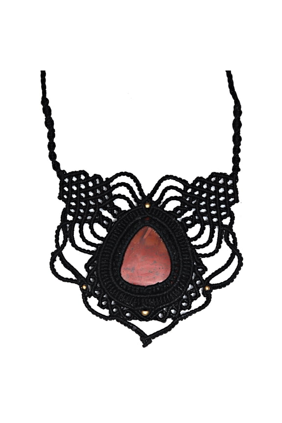 Macrame Red Necklace Jasper Crystal Pendant Handmade Natural Thread Bohemian