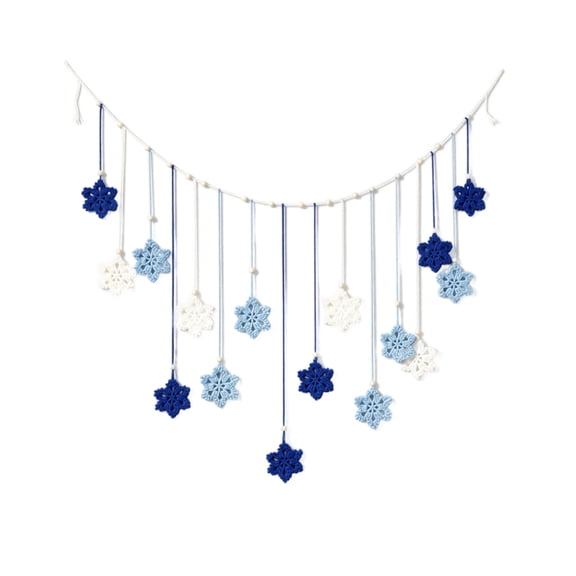 Macrame Snowflake Wall Hanging with Blue and White Knitted Snowflakes, Rustic Boho Christmas Wall Decor for Nursery and Kids Room, Winter Wonderland Christmas Gifts for Boys and