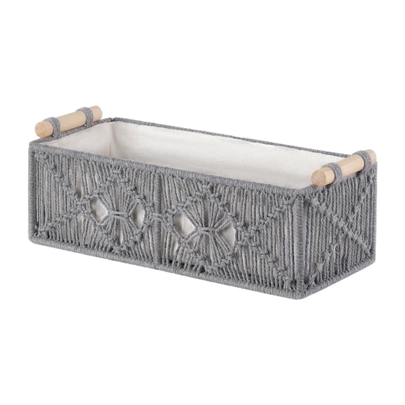 Macrame Storage Basket, Boho Decor Box, Handmade Woven Decorative Countertop Toilet Tank Shelf Cabinet Organizer for Bedroom Livingroom Home (1PC, Gray)