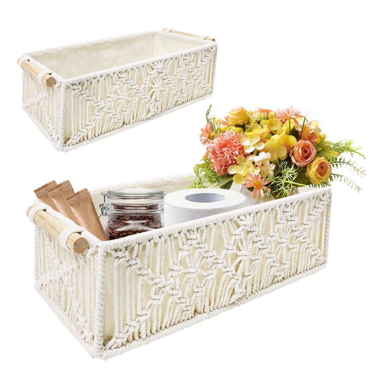 Macrame Storage Basket Set – Handwoven Boho Organizer for Bathroom Countertop, Toilet Tank & Shelves（Set of 2）