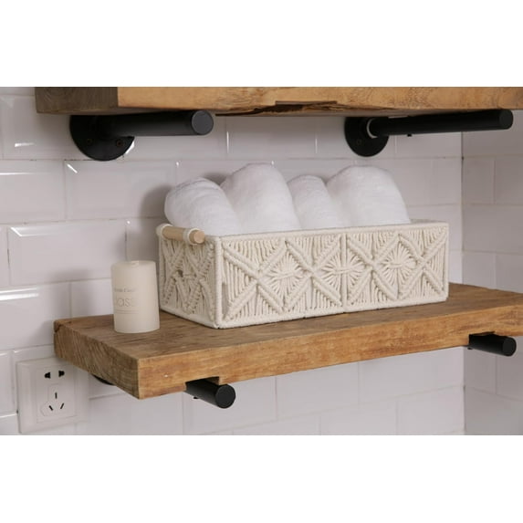 Macrame Storage Baskets, Boho Decor Style Woven Storage Boxes for Home Organization, Toilet Tank Shelf Cabinet Organizer Baskets, Set of 2 - White