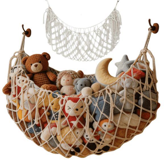 Macrame Stuffed Animal Hammock, Handmade Boho Toy Net for Plush Storage, Large Wall Hanging Soft Toy Organizer for Nursery, Playroom, and Kids Bedroom, Cream White