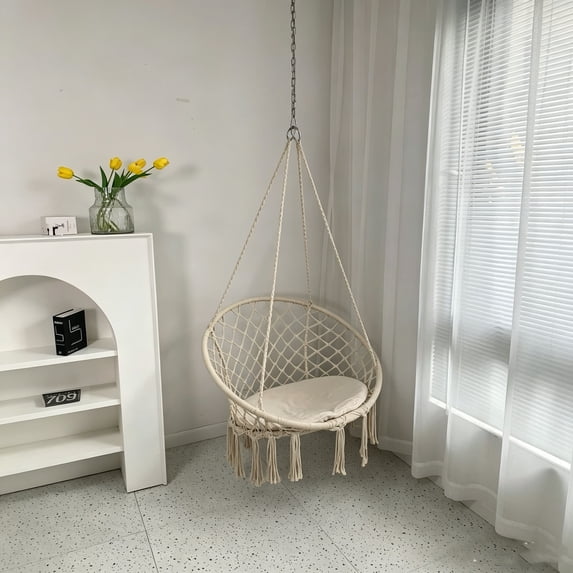 Macrame Swing Chair, Light Beige Boho Hanging Chair with Cotton Mesh, 330.7 lbs Weight Capacity, Thickened Cushion for Comfort, Easy Assembly for Indoor and Outdoor Use.