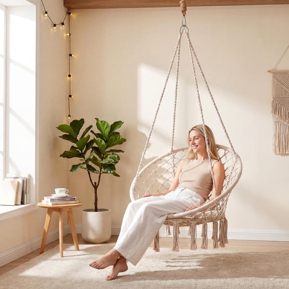 Macrame Swing Chair with Round Seat Cushion, Beige, Metal Rings, Foldable Design