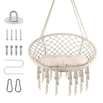 Macrame Swing Seat, Steel Frame, Plush Cotton Support, Beige Patio Swing Chair, Chair Hammock for Bedroom, For Cabin, Meditation, Lounging