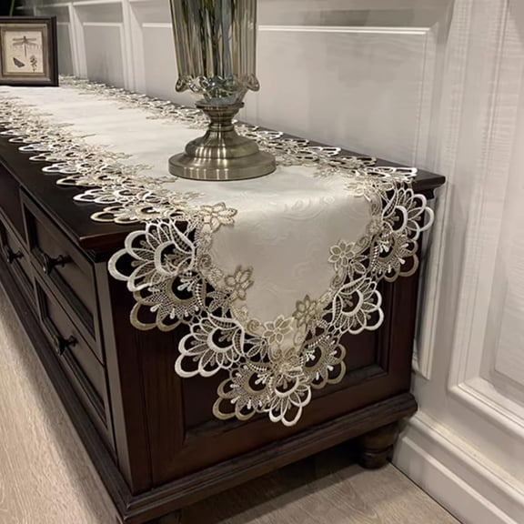 Macrame Table Runners for Party, 70inch Table Runner Lace Floral Embroidered Rectangle Table Dresser Scarf Wedding Tabletop Table Decorations for Home and Dining Room Beige & White