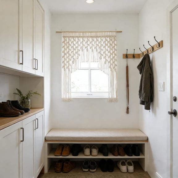 Macrame Valance Curtain 33.4x43.3Inch Farmhouse Boho Curtains Lvory Color Leaf Tassels Macram Wall Curtain Macrame Wall Hanging Wall Decor Boho Wedding Arch$$Home Decor, Kitchen, & Other