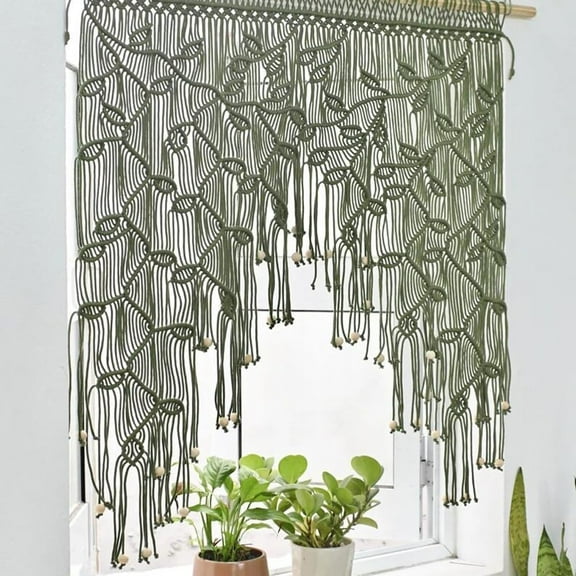 Macrame Valance Curtain for Kichen Windows 33.46x37.4Inch Farmhouse Boho Leaves Curtains for Bedroom Window Valance Green Leaf Tassels Macram Wall Curtain Wooden Bead Macrame Wall Hanging