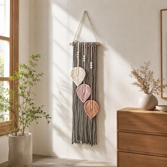 Macrame Wall Hanging 26.77x7.87 Inch Handwoven Cotton Rope Leaf Tapestry with Wooden Bead Fringe for Bedroom Headboard Living Room Boho Wall Decor