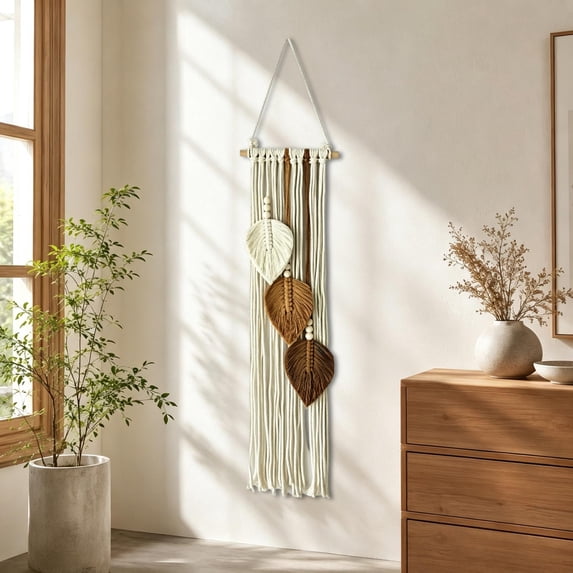 Macrame Wall Hanging 26.77x7.87 Inch Handwoven Cotton Rope Leaf Tapestry with Wooden Bead Fringe for Bedroom Headboard Living Room Boho Wall Decor