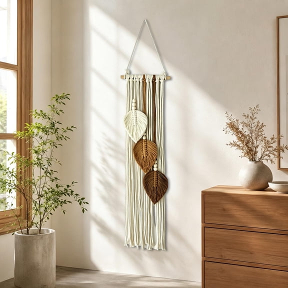 Macrame Wall Hanging 26.77x7.87 Inch Handwoven Cotton Rope Leaf Tapestry with Wooden Bead Fringe for Bedroom Headboard Living Room Boho Wall Decor