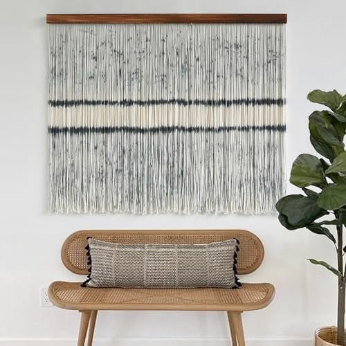 Macrame Wall Hanging 39" W x 33" L White with Black Lines Dot Accents with Dip Dye Minimalist Wall Decor for Living Room Bedroom Office