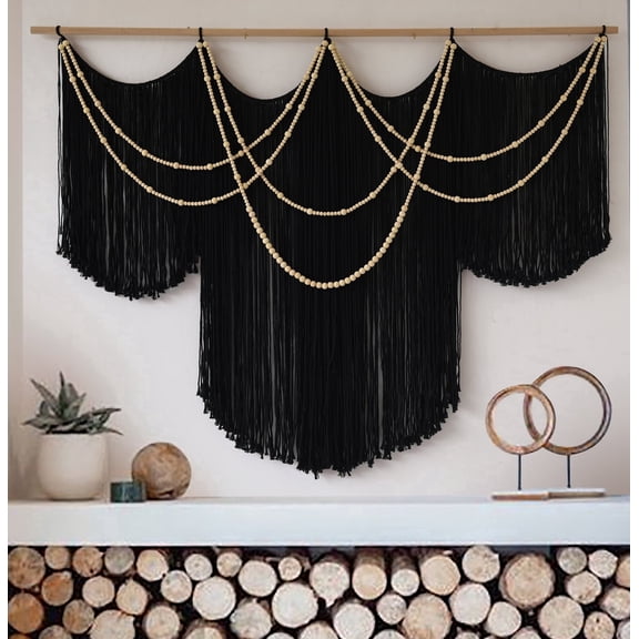 Black Macrame Wall Hanging Cotton Rope Boho Wall Decor 57"W x 39"L