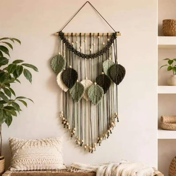 Macrame Wall Hanging Boho Leaves Woven Tapestry Bohemian Chic Home Decor, Modern Handmade Leaf Feather Wall Art Decoration for Bedroom Living Room Apartment Ornament