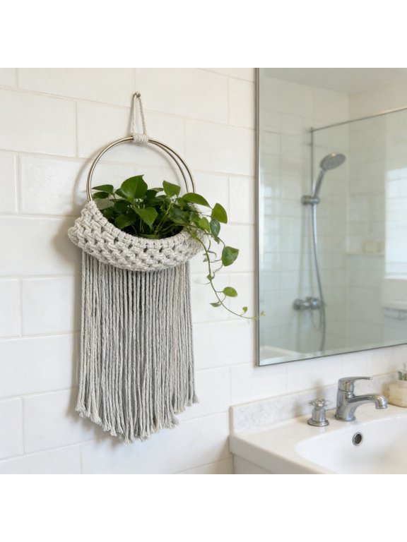 Macrame Wall Hanging Boho, Usupdd Minimalist White Macrame Wall Decor with Gold Hoops, 16.93x5.91 Inches Fringe Tassel Wall Hanging for Bedroom Living Room