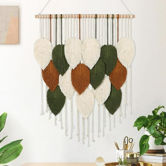 Macrame Wall Hanging Boho Woven Tapestry, Chic Home Decor Modern Bohemian Handmade Leaf Feather Wall Art Decorations for Apartment Dorm Living Room Bedroom Nursery Backdrop 23.6" W X 29.5" L