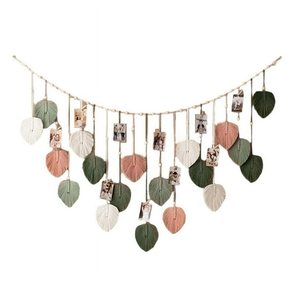 Macrame Wall Hanging Decor 29.5 X 47.3inch, Chic Boho Leaf Tassel Garland Tapestries for Bedroom Living Room Decor Cotton rope Photo Color