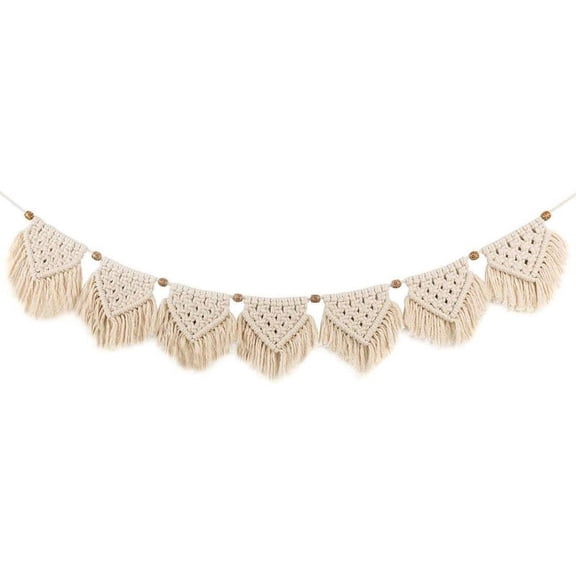 Macrame Wall Hanging Decoration for Your Room Bohemian Wall Decor Tapestry of Cotton Handmade Textile Fringe Garland Banner and Beige Door Curtain 15x95CM,7 Flags with Short Tassels