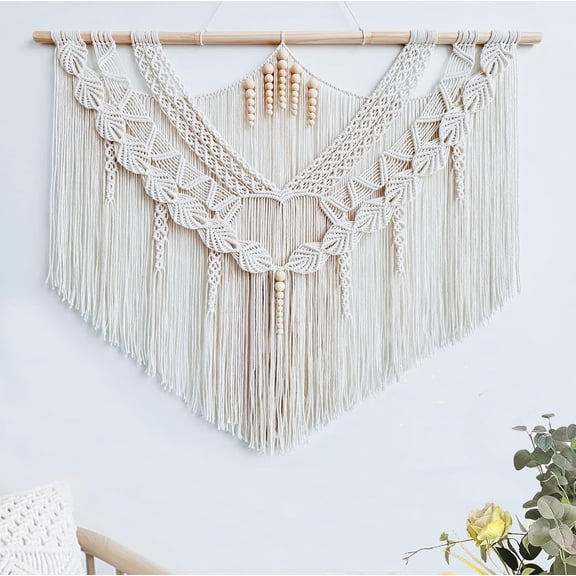Macrame Wall Hanging Large- Boho Wall Decor- large wall art- Wall Decor Living Room- Macrame Tapestry Boho Decor for Bedroom (Leaf &Wood Bead)
