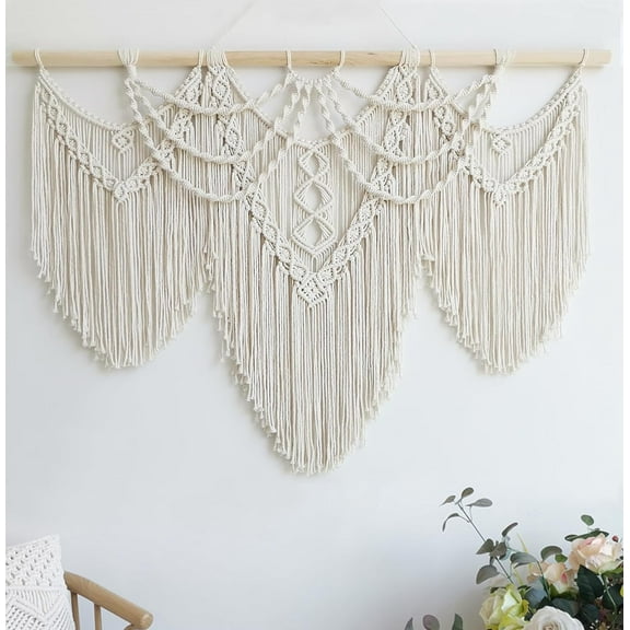 Macrame Wall Hanging Large- Boho Wall Decor- Large Wall Art- Wall Decor Living Room- Macrame Tapestry Boho Decor for Bedroom (Beige-Fringe)