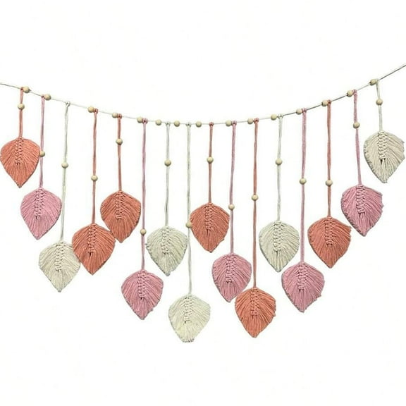 Macrame Wall Hanging Large Macrame Leaves Tapestry Wall Hanging Decoration Boho Handmade Woven Leaf Feather Wall Art Decor for Nursery Bedroom Living Room Office Decor(Pink)