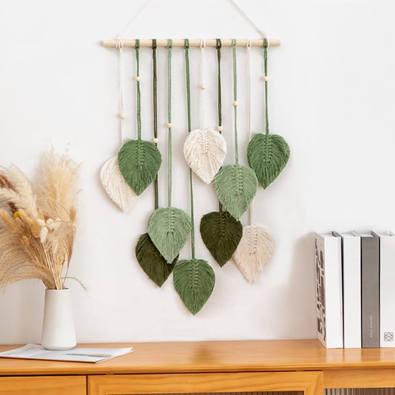 Macrame Wall Hanging, Leaf Tapestry, Boho Wall Decor, with Wooden Rod Bead Accent, Layered Breathable Fadeless Large Hanging Ornament, Aesthetic Decor for Living Room Bedroom Apartment Cafe