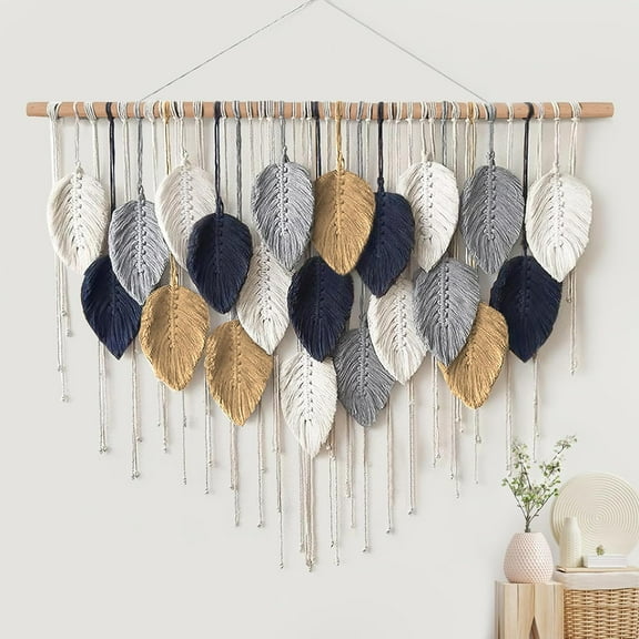 Macrame Wall Hanging Leaf Woven Tapestry Bohemian Chic Wall Hanging Feather Large Handmade Wall Art Decor for Bedroom Living Room Apartment Ornament, 39 inch(100cm) Visit the Weldomcor Store