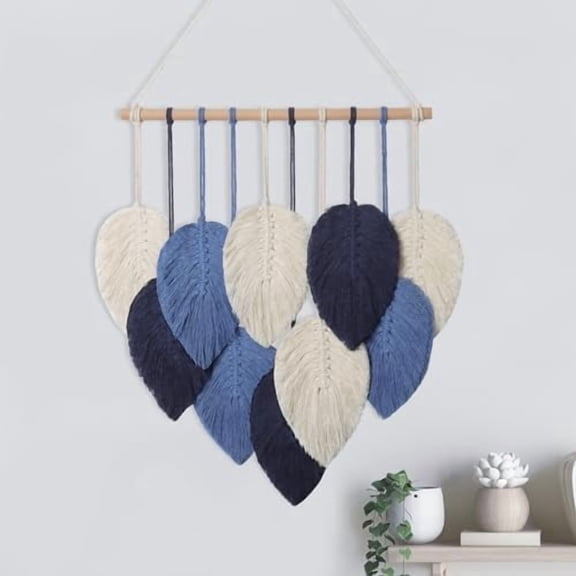 Macrame Wall Hanging Leaves Chic Woven Leaf Tassels Decoration Cotton Ornaments Tapestry Room Decor Modern Bohemian Handmade Feather Wall Art Decorations for Apartment Backdrop (Navy Blue)