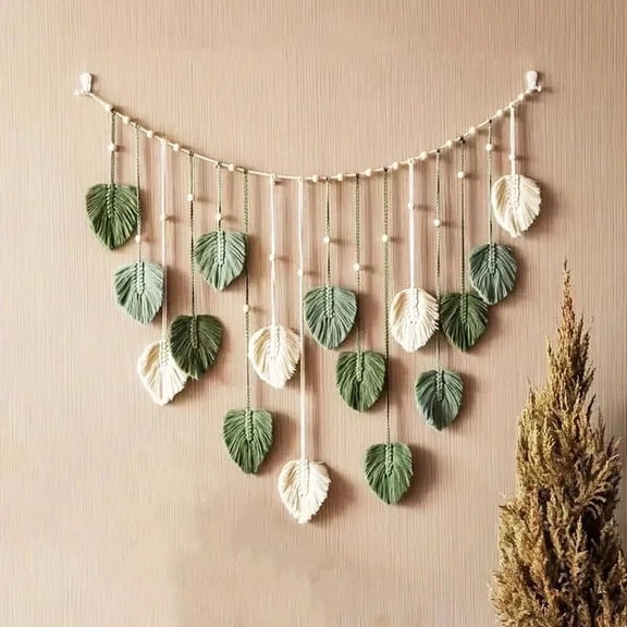 Macrame Wall Hanging, Leaves Woven Tapestry with Handmade Tassels for Boho Home Decor, Bohemian Style Banner Pendant Garland Ornament for Nursery Bedroom Living Room Apartment
