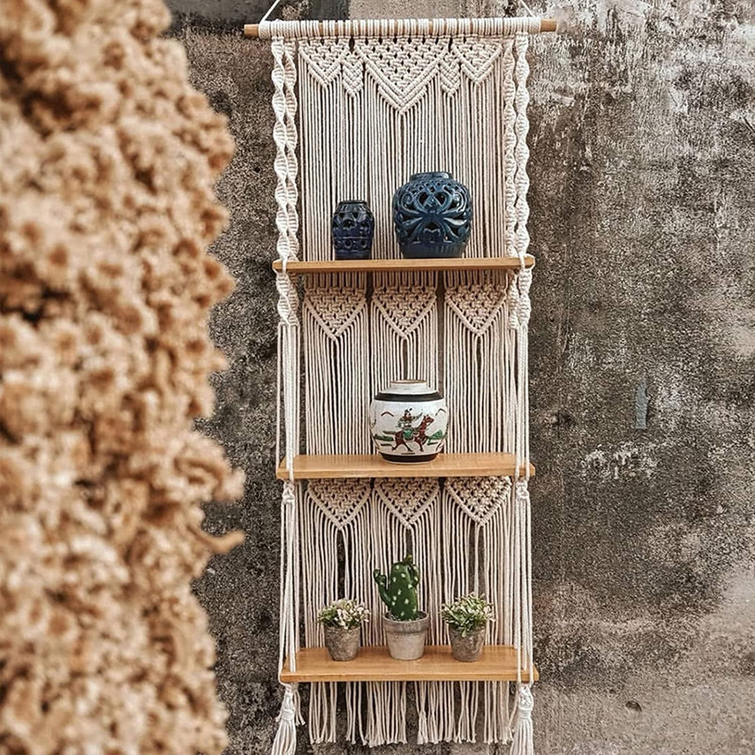 Macrame Wall Hanging Plant Shelf, 3-Tier Macrame Shelves Boho Bathroom ...