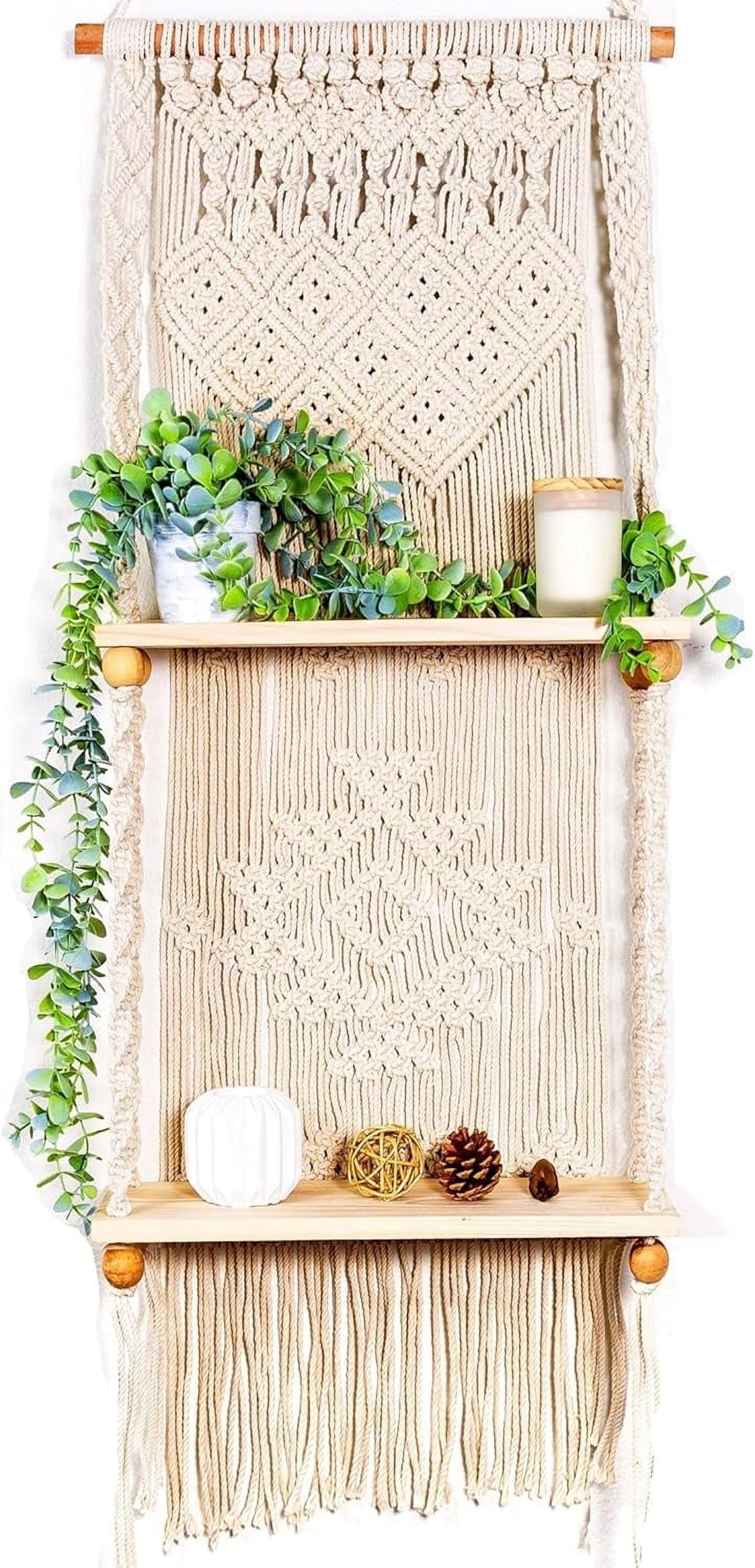 Macrame Wall Hanging Shelf 2 Tier Boho Wall Plant Hanger Shelves, Handmade of Woven Rope Boho Shelves Organizer for Living Room Bathroom Home Storage Floating Plant Rack Bohemian décor