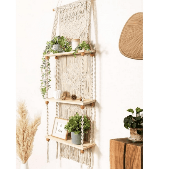 Wall Hanging Shelf 3 Tier Wall Plant Hanger Shelves, Handmade of Woven Rope Shelves Organizer for Living Room Bathroom Home Storage Floating Plant Rack Bohemian