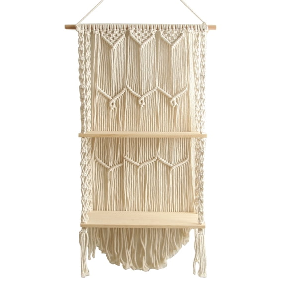 Macrame Wall Hanging Shelf Boho Wood Floating Shelves DIY Handwoven Cotton Rope Macrame Tapestry Rack for Hanging Plants Wall Decor