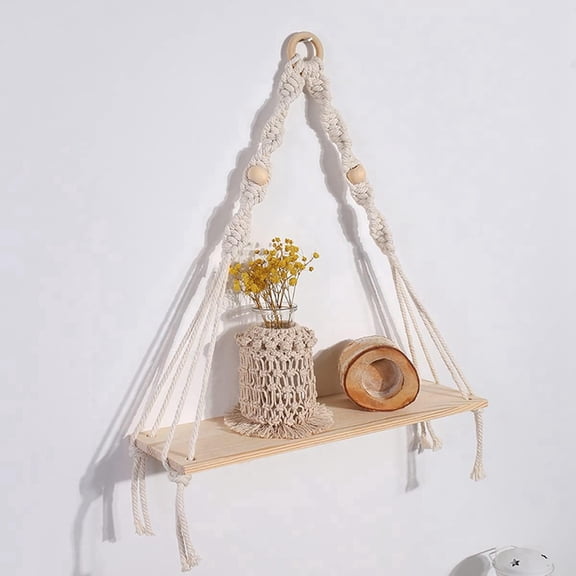 Macrame Wall Hanging Shelf - Boho Wood Wall Shelves with Wood Beads, Farmhouse Floating Shelf Rustic Hanging Plant Shelf