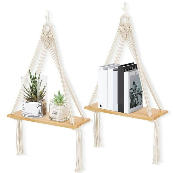 Macrame Wall Hanging Shelf, Boho Wooden Display Floating Shelves