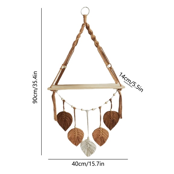 Macrame Wall Hanging Shelf , Handwoven Boho Floating Shelves with Wooden Leaves & Beads , Decorative Plant Stand & Storage Organizer for Bedroom Living Room Bathroom , Bohemian Wall Decor