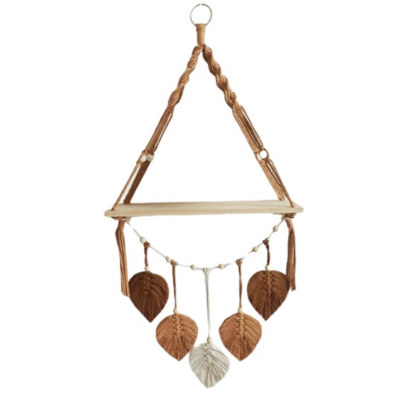 Macrame Wall Hanging Shelf , Handwoven Boho Floating Shelves with Wooden Leaves & Beads , Decorative Plant Stand & Storage Organizer for Bedroom Living Room Bathroom , Bohemian Wall Decor