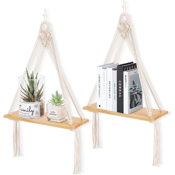 Macrame Wall Hanging Shelf Set of 2,Boho Wooden Display Floating Shelves for Wall Decor with Handmade Woven Rope,Farmhouse Rustic Plant Shelf for Bedroom Dorm Nursery Living Room Bathroom