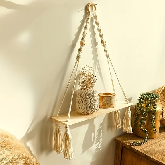 Macrame Wall Hanging Shelf Set Of 2 - With Handmade Woven Rope - Boho Wooden Display Floating Shelves For Wall Decor - Farmhouse Rustic Plant Shelf For Bedroom Dorm Nursery Living Room Bathroom