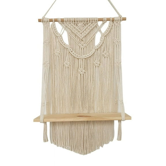 Macrame Wall Hanging Shelf, Single Tier Wood Floating Hanging Shelf Organizer Hanger, Wall Decor